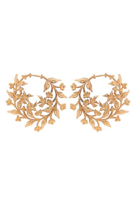 Shop_Opalina Soulful Jewellery_Gold Plated Embroidery Handcrafted Floral Carved Hoops _Online_at_Aza_Fashions