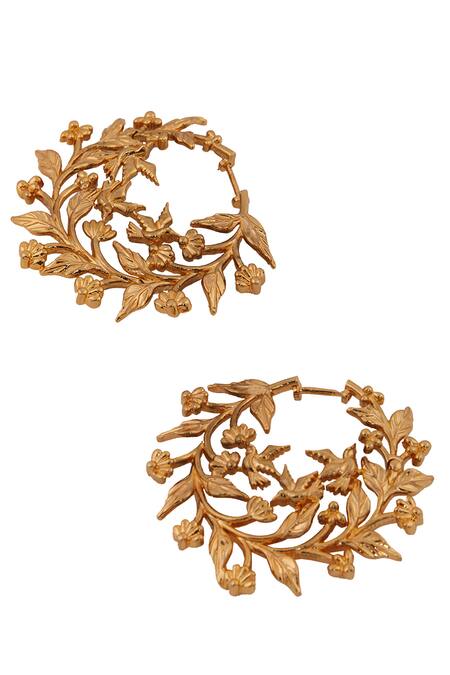 Opalina Soulful Jewellery_Gold Plated Embroidery Handcrafted Floral Carved Hoops _Online_at_Aza_Fashions
