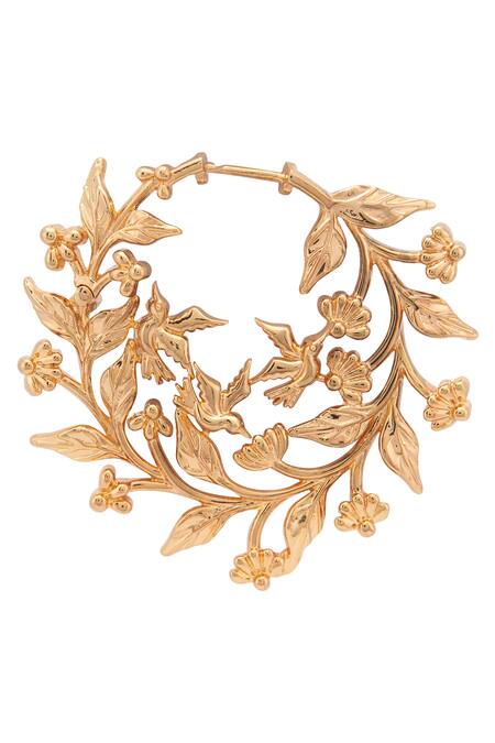Opalina Soulful Jewellery_Gold Plated Embroidery Handcrafted Floral Carved Hoops _at_Aza_Fashions