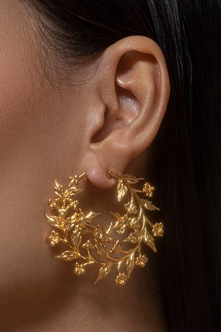 Buy_Opalina Soulful Jewellery_Gold Plated Embroidery Handcrafted Floral Carved Hoops 