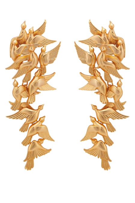 Opalina Soulful Jewellery Gold Plated Cut Work Handcrafted Dove Long Statement Earrings Online at Aza Fashions Opalina Soulful Jewellery_Gold Plated Cut Work Handcrafted Dove Long Statement Earrings _Online_at_Aza_Fashions