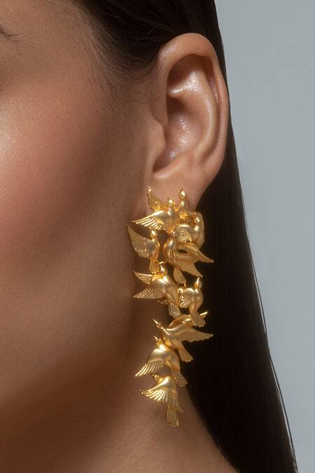Shop Opalina Soulful Jewellery Gold Plated Cut Work Handcrafted Dove Long Statement Earrings Online at Aza Fashions Shop_Opalina Soulful Jewellery_Gold Plated Cut Work Handcrafted Dove Long Statement Earrings _Online_at_Aza_Fashions