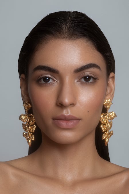 Buy_Opalina Soulful Jewellery_Gold Plated Cut Work Handcrafted Floral Long Statement Earrings _Online_at_Aza_Fashions