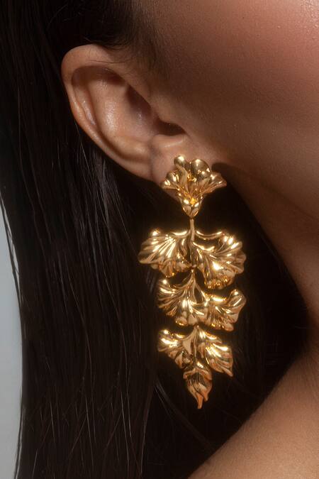 Shop_Opalina Soulful Jewellery_Gold Plated Cut Work Handcrafted Floral Long Statement Earrings _Online_at_Aza_Fashions