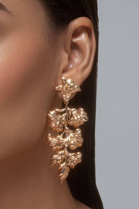 Opalina Soulful Jewellery Gold Plated Cut Work Handcrafted Floral Long Statement Earrings at Aza Fashions Opalina Soulful Jewellery_Gold Plated Cut Work Handcrafted Floral Long Statement Earrings _at_Aza_Fashions