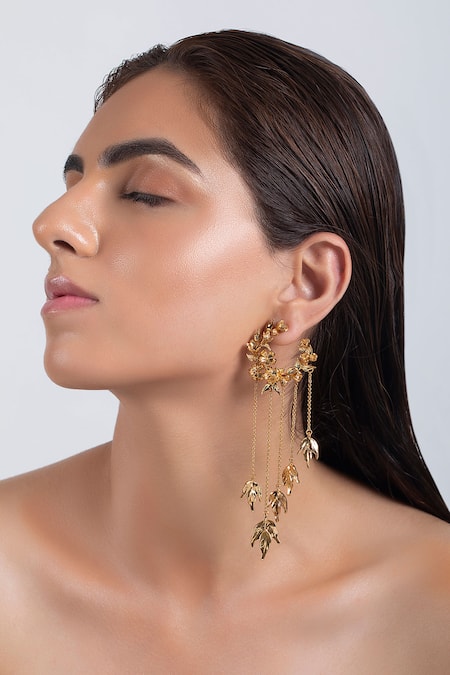 Shop Opalina Soulful Jewellery Gold Plated Handcrafted Chain Tassel Hoop Long Earrings at Aza Fashions Shop_Opalina Soulful Jewellery_Gold Plated Handcrafted Chain Tassel Hoop Long Earrings _at_Aza_Fashions