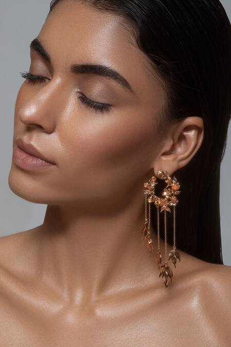 Opalina Soulful Jewellery Gold Plated Crystals Handcrafted Chain Tassel Hoop Long Earrings Online at Aza Fashions Opalina Soulful Jewellery_Gold Plated Crystals Handcrafted Chain Tassel Hoop Long Earrings _Online_at_Aza_Fashions