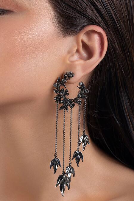 Shop_Opalina Soulful Jewellery_Silver Plated Chains, Cut Work Handcrafted Tassel Hoop Long Earrings _Online_at_Aza_Fashions