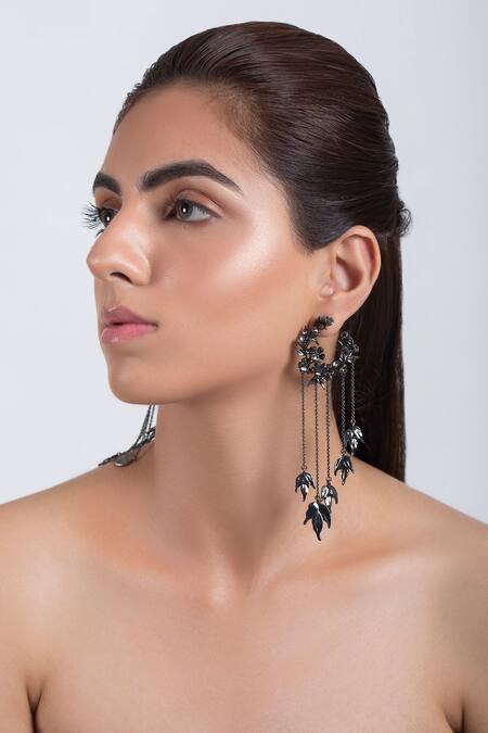 Buy_Opalina Soulful Jewellery_Silver Plated Chains, Cut Work Handcrafted Tassel Hoop Long Earrings _Online_at_Aza_Fashions
