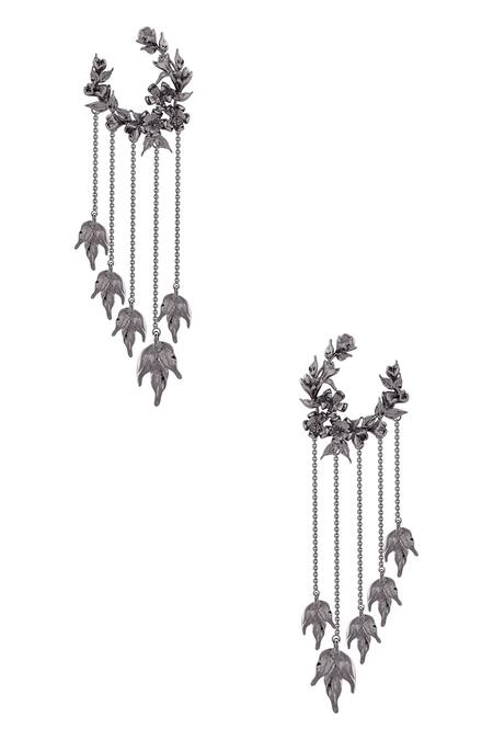 Opalina Soulful Jewellery_Silver Plated Chains, Cut Work Handcrafted Tassel Hoop Long Earrings _Online_at_Aza_Fashions