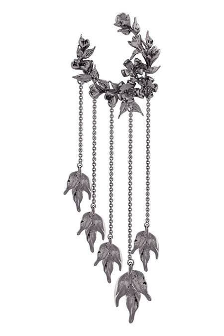 Opalina Soulful Jewellery_Silver Plated Chains, Cut Work Handcrafted Tassel Hoop Long Earrings _at_Aza_Fashions