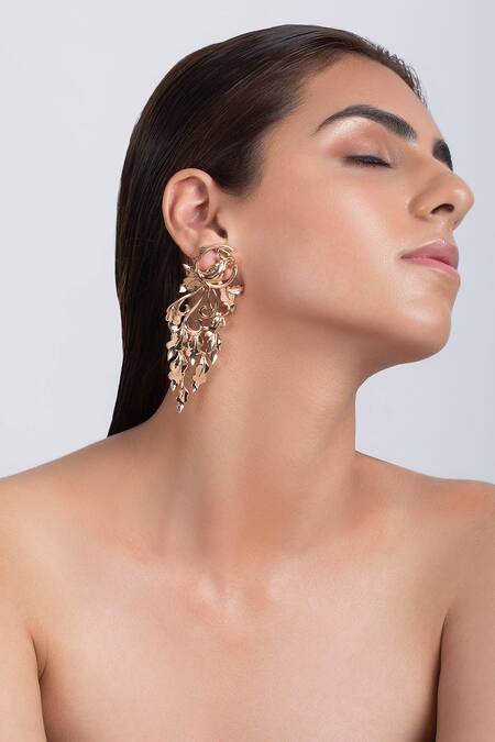 Opalina Soulful Jewellery Gold Plated Cut Work Handcrafted Bird Long Statement Earrings Online at Aza Fashions Opalina Soulful Jewellery_Gold Plated Cut Work Handcrafted Bird Long Statement Earrings _Online_at_Aza_Fashions