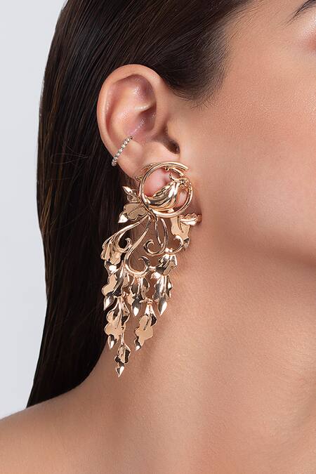 Opalina Soulful Jewellery Gold Plated Cut Work Handcrafted Bird Long Statement Earrings at Aza Fashions Opalina Soulful Jewellery_Gold Plated Cut Work Handcrafted Bird Long Statement Earrings _at_Aza_Fashions