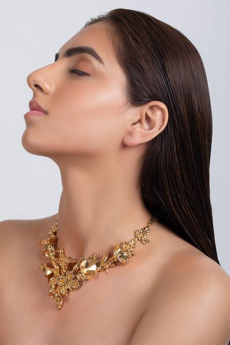 Buy_Opalina Soulful Jewellery_Gold Plated Handcrafted Floral Carved Collar Necklace _Online_at_Aza_Fashions