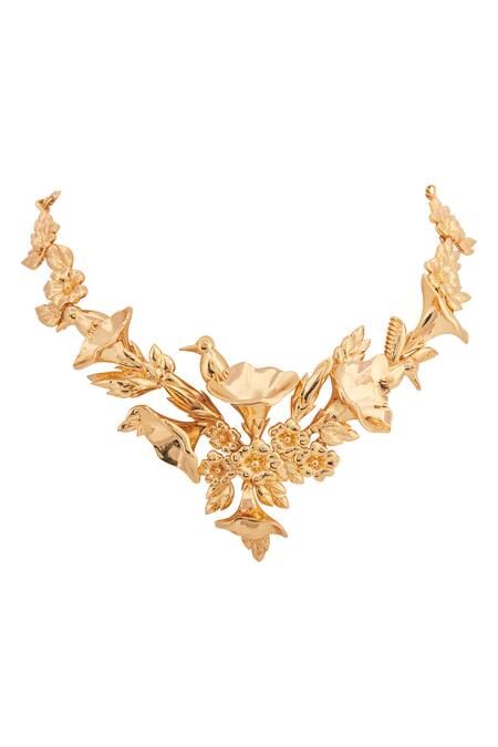 Shop_Opalina Soulful Jewellery_Gold Plated Handcrafted Floral Carved Collar Necklace _Online_at_Aza_Fashions