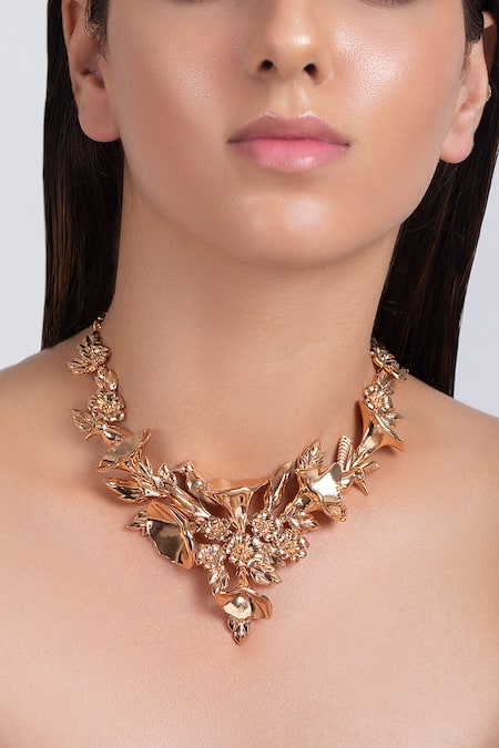 Buy_Opalina Soulful Jewellery_Gold Plated Handcrafted Floral Carved Collar Necklace _Online_at_Aza_Fashions