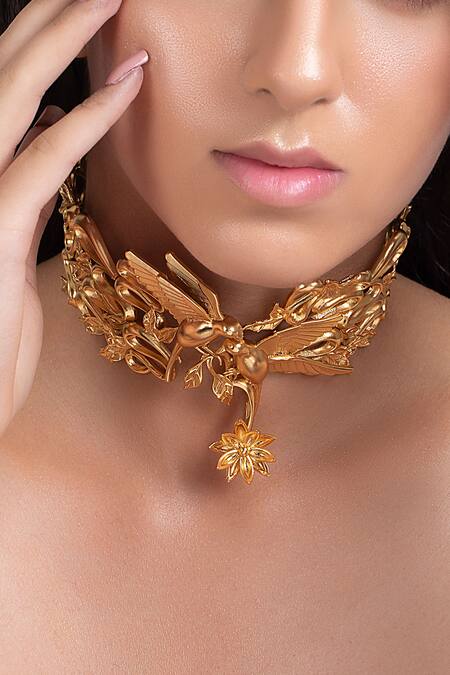 Opalina Soulful Jewellery Gold Plated Handcrafted Dove Carved Choker at Aza Fashions Opalina Soulful Jewellery_Gold Plated Handcrafted Dove Carved Choker _at_Aza_Fashions