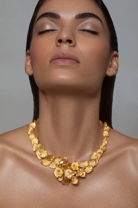 Shop Opalina Soulful Jewellery Gold Plated Handcrafted Leaf Carved Collar Necklace Online at Aza Fashions Shop_Opalina Soulful Jewellery_Gold Plated Handcrafted Leaf Carved Collar Necklace _Online_at_Aza_Fashions
