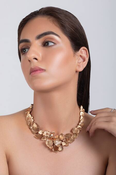 Shop Opalina Soulful Jewellery Gold Plated Handcrafted Leaf Carved Collar Necklace Online at Aza Fashions Shop_Opalina Soulful Jewellery_Gold Plated Handcrafted Leaf Carved Collar Necklace _Online_at_Aza_Fashions