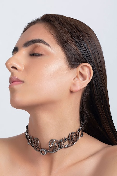 Buy_Opalina Soulful Jewellery_Silver Plated Handcrafted Carved Pendant Choker _Online_at_Aza_Fashions