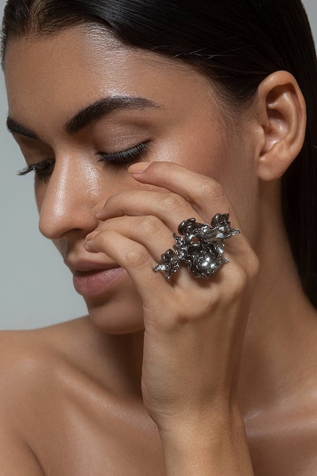 Shop Opalina Soulful Jewellery Silver Plated Handcrafted Floral Two Finger Ring Online at Aza Fashions Shop_Opalina Soulful Jewellery_Silver Plated Handcrafted Floral Two Finger Ring _Online_at_Aza_Fashions