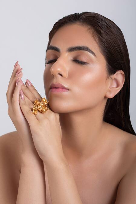 Buy Opalina Soulful Jewellery Gold Plated Handcrafted Floral Two Finger Ring Online at Aza Fashions Buy_Opalina Soulful Jewellery_Gold Plated Handcrafted Floral Two Finger Ring _Online_at_Aza_Fashions