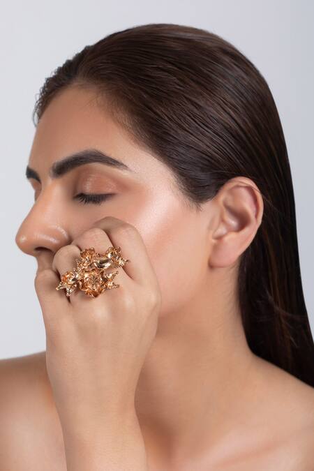 Buy Opalina Soulful Jewellery Gold Plated Handcrafted Floral Two Finger Ring Online at Aza Fashions Buy_Opalina Soulful Jewellery_Gold Plated Handcrafted Floral Two Finger Ring _Online_at_Aza_Fashions