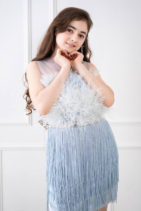 Hoity Moppet_Blue Satin Stones Feather And Fringe Dress _at_Aza_Fashions