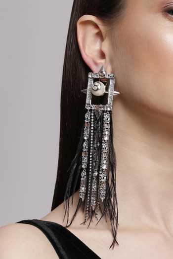 Outhouse_Silver Plated Crystals, Smocking And Swarovski Pearl Long Earrings _Online_at_Aza_Fashions
