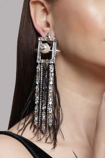Buy_Outhouse_Silver Plated Crystals, Smocking And Swarovski Pearl Long Earrings _Online_at_Aza_Fashions