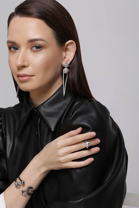 Buy_Outhouse_Silver Plated Smocking, Diamonds Spiked Bead Ring_Online_at_Aza_Fashions