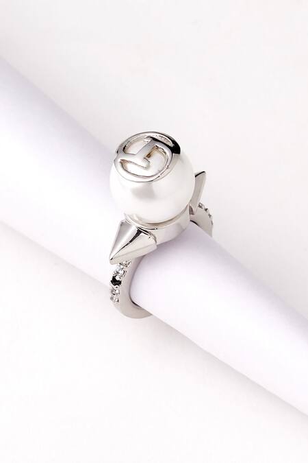 Outhouse_Silver Plated Smocking, Diamonds Spiked Bead Ring_Online_at_Aza_Fashions