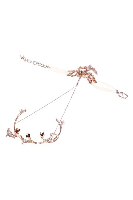 Shop Outhouse Gold Plated Pearls, Stones Lophorina Ring Hand Harness at Aza Fashions Shop_Outhouse_Gold Plated Pearls, Stones Lophorina Ring Hand Harness _at_Aza_Fashions