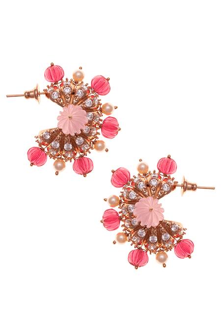 Shop Outhouse Gold Plated Stones, Beads Melon Half Hoops at Aza Fashions Shop_Outhouse_Gold Plated Stones, Beads Melon Half Hoops_at_Aza_Fashions