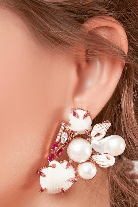 Shop Outhouse Gold Plated Pearls, Stones Nymphet Shell Statement Studs at Aza Fashions Shop_Outhouse_Gold Plated Pearls, Stones Nymphet Shell Statement Studs_at_Aza_Fashions