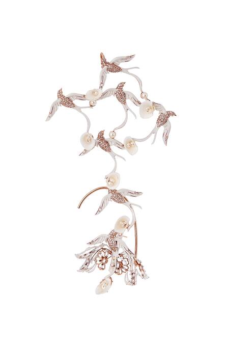 Outhouse_Gold Plated Crystals, Pearls, Rhinestones Lophorina Bird Ear Cuff_Online_at_Aza_Fashions