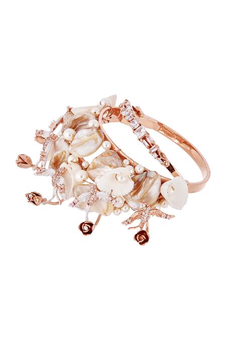 Shop Outhouse Gold Plated Pearl Lophorina Shell Bangle at Aza Fashions Shop_Outhouse_Gold Plated Pearl Lophorina Shell Bangle_at_Aza_Fashions