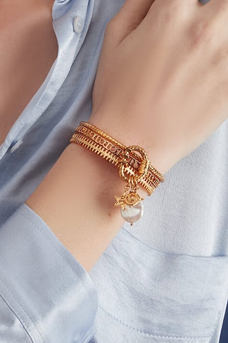 Outhouse_Gold Plated Pearls, Embroidery Myriad Bead Drop Pendant Cuff _Online_at_Aza_Fashions