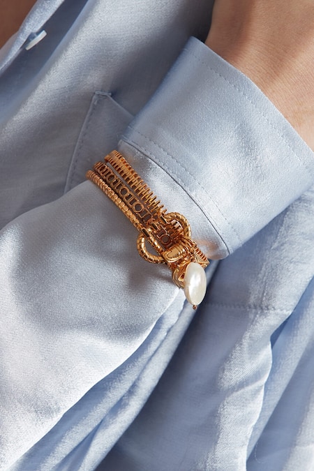 Buy_Outhouse_Gold Plated Pearls, Embroidery Myriad Bead Drop Pendant Cuff _Online_at_Aza_Fashions