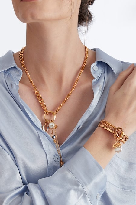 Shop_Outhouse_Gold Plated Pearls, Embroidery Myriad Bead Drop Pendant Cuff _Online_at_Aza_Fashions