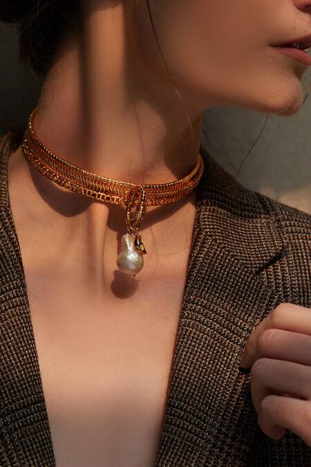 Outhouse_Gold Plated Myriad Bead Drop Pendant Choker_Online_at_Aza_Fashions