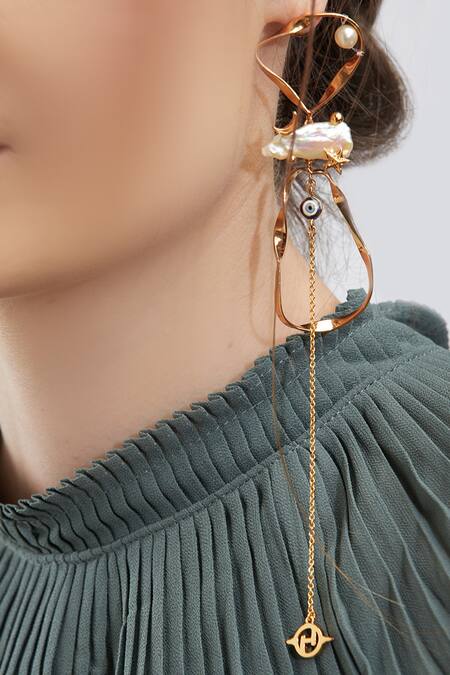 Buy_Outhouse_Gold Plated Pearls, Stones Lupis Bead Long Earrings _Online_at_Aza_Fashions