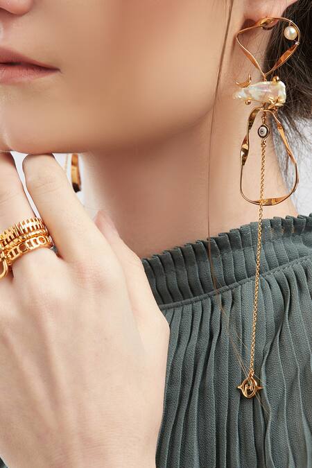 Shop_Outhouse_Gold Plated Pearls, Stones Lupis Bead Long Earrings _Online_at_Aza_Fashions