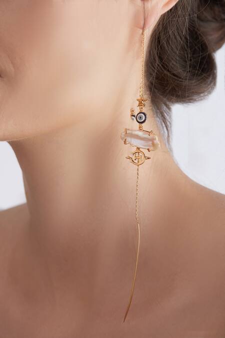 Outhouse_Gold Plated Pearls Celeste Threader Long Earrings_Online_at_Aza_Fashions