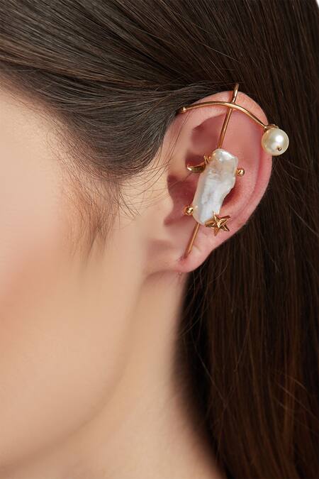 Buy_Outhouse_Gold Plated Pearls, Stones Lupis Crawler Bead Ear Cuff _Online_at_Aza_Fashions