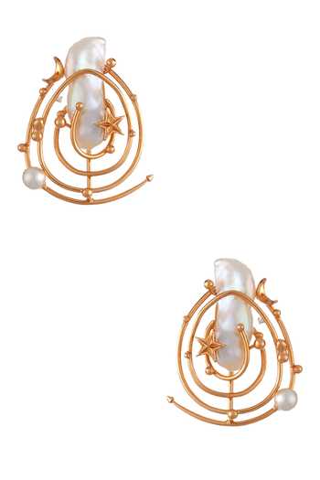 Shop Outhouse Gold Plated Pearls 3d Motif Stud Earrings at Aza Fashions Shop_Outhouse_Gold Plated Pearls 3d Motif Stud Earrings _at_Aza_Fashions