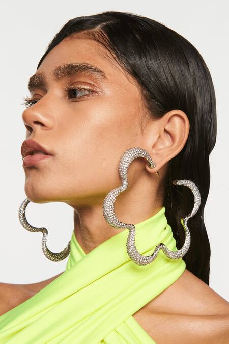 Buy_Outhouse_Silver Plated Crystals Christina Hoops_Online_at_Aza_Fashions