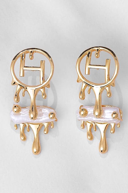 Shop Outhouse Gold Plated Pearls Drip Oh River Rose Earrings at Aza Fashions Shop_Outhouse_Gold Plated Pearls Drip Oh River Rose Earrings _at_Aza_Fashions