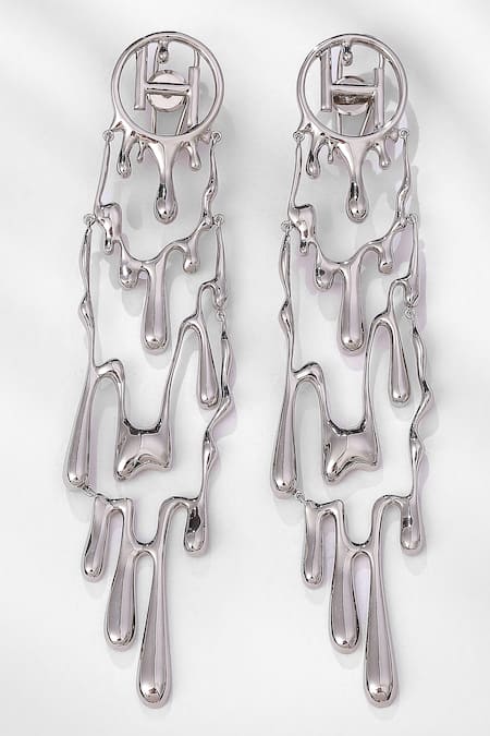 Shop Outhouse Silver Plated Cut Work Drip Oh Free Fall Earrings at Aza Fashions Shop_Outhouse_Silver Plated Cut Work Drip Oh Free Fall Earrings _at_Aza_Fashions