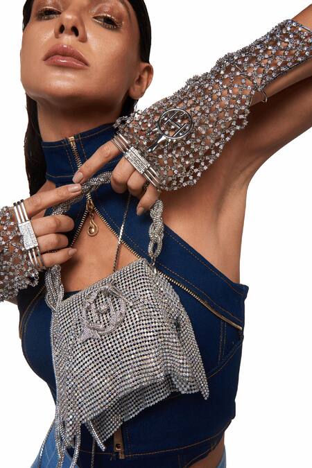 Outhouse_Silver Rhinestones Gauntlet Embellished Chainmail Gloves_Online_at_Aza_Fashions